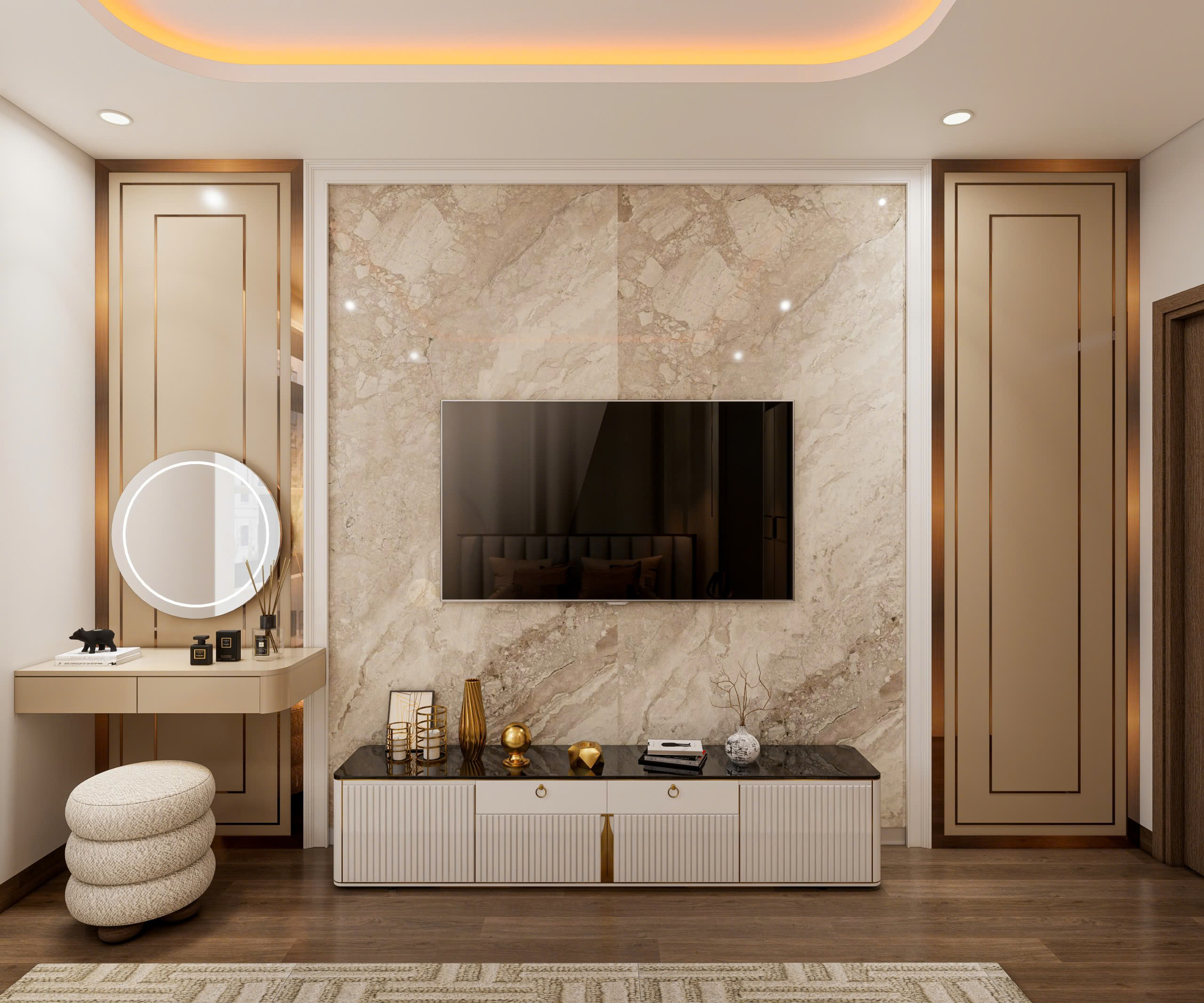 Vách tivi ốp đá mây kết hợp bàn trang điểm treo tường phòng ngủ master